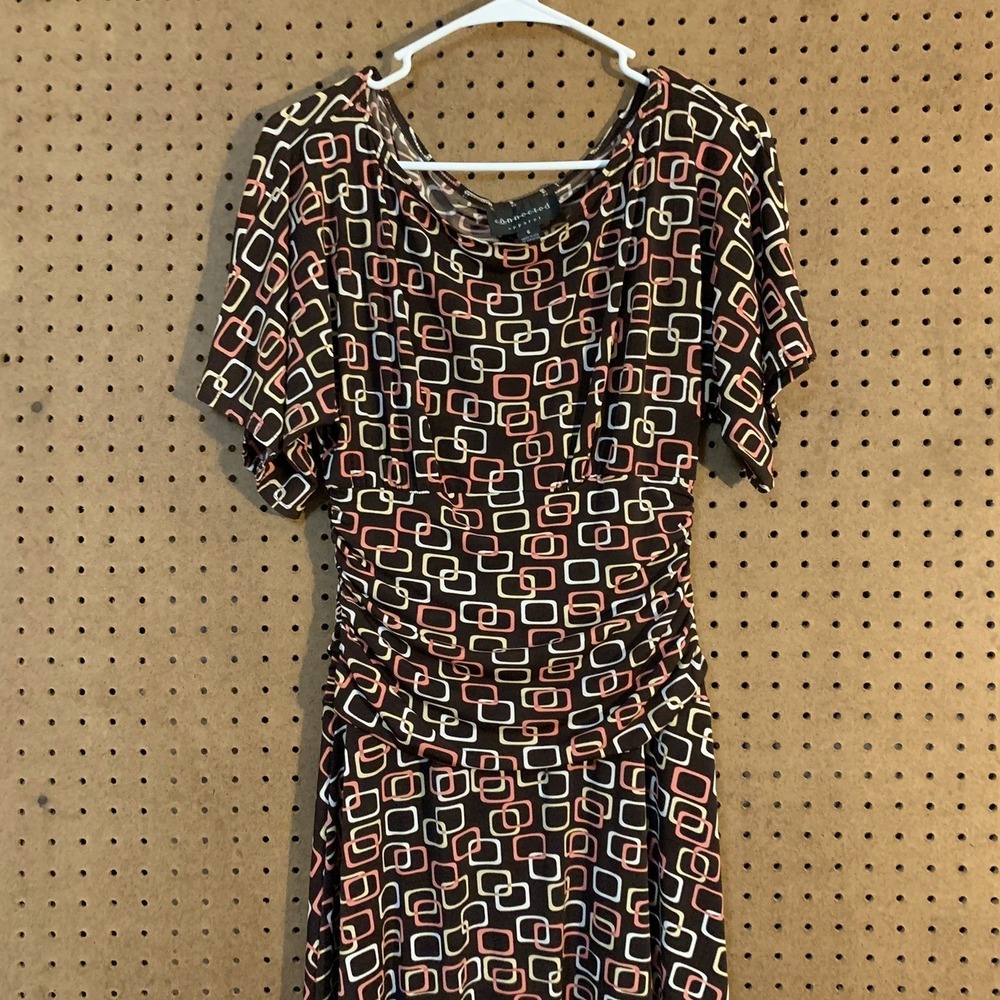 Connected‎ Apparel Dress 6 Brown Pink Geometric Ruched Empire Waist Retro Mod